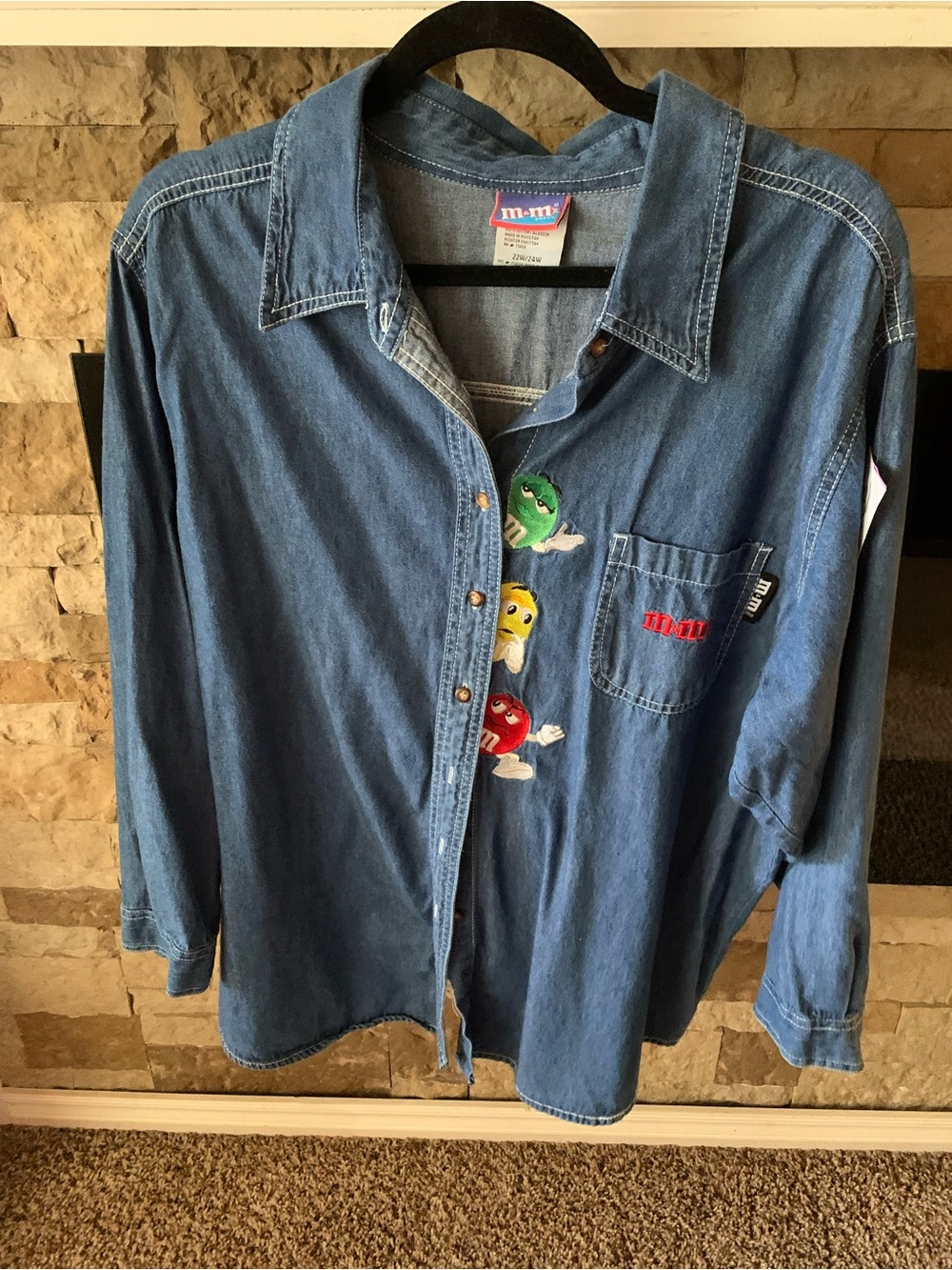 Vintage M&M'S's Embroidered Denim Button-Up Shirt - Blue